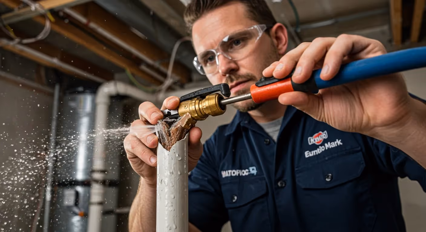 A focused technician wearing safety glasses uses a tool to repair a leaking pipe in a basement