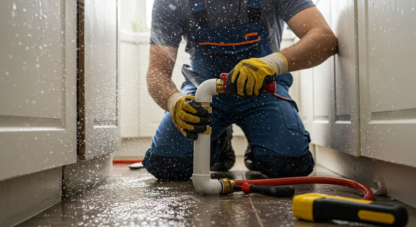 Plumber fixing a leaking pipe.