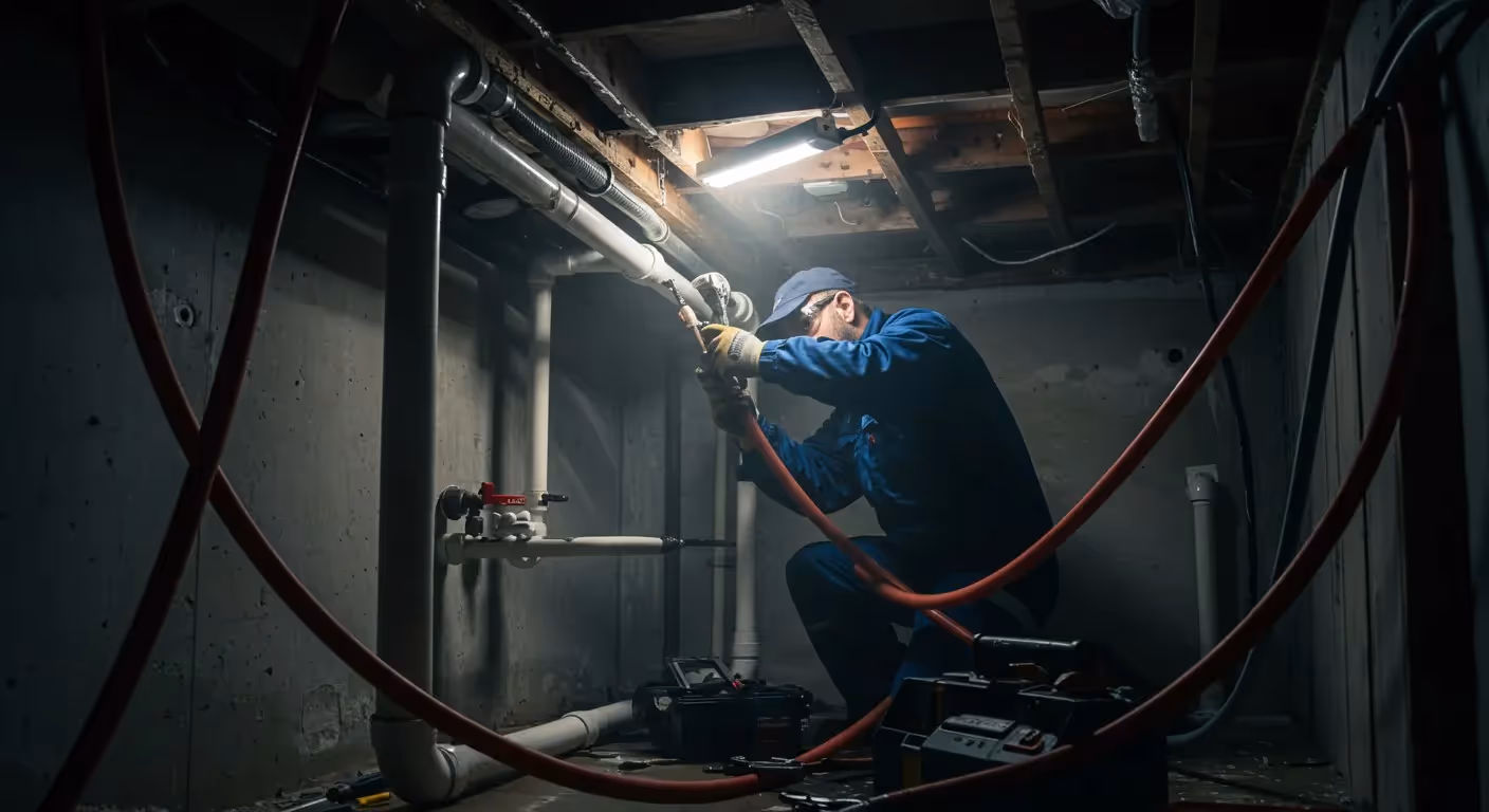 A plumber in a blue uniform and cap works in a dimly lit basement, fixing pipes.
