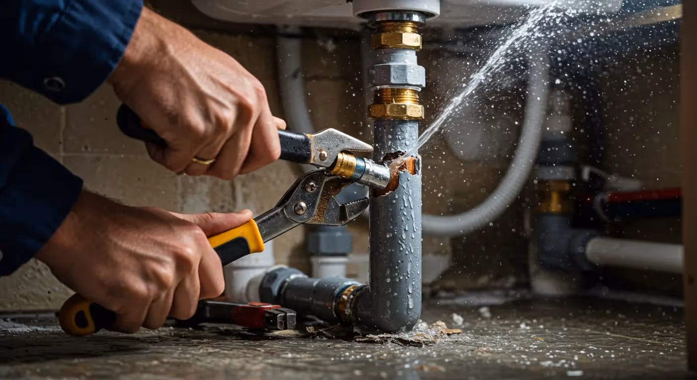 Plumber repairing a burst pipe.