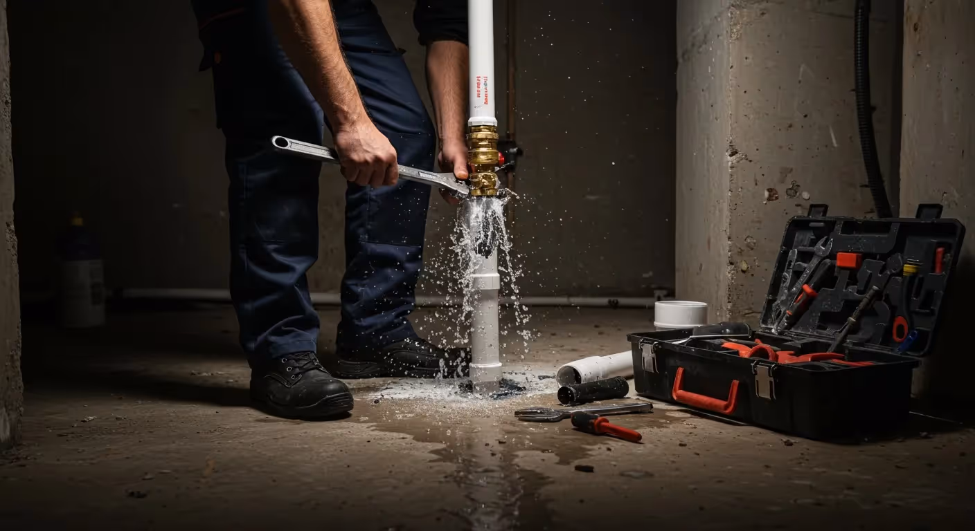 Plumber fixing a basement pipe.