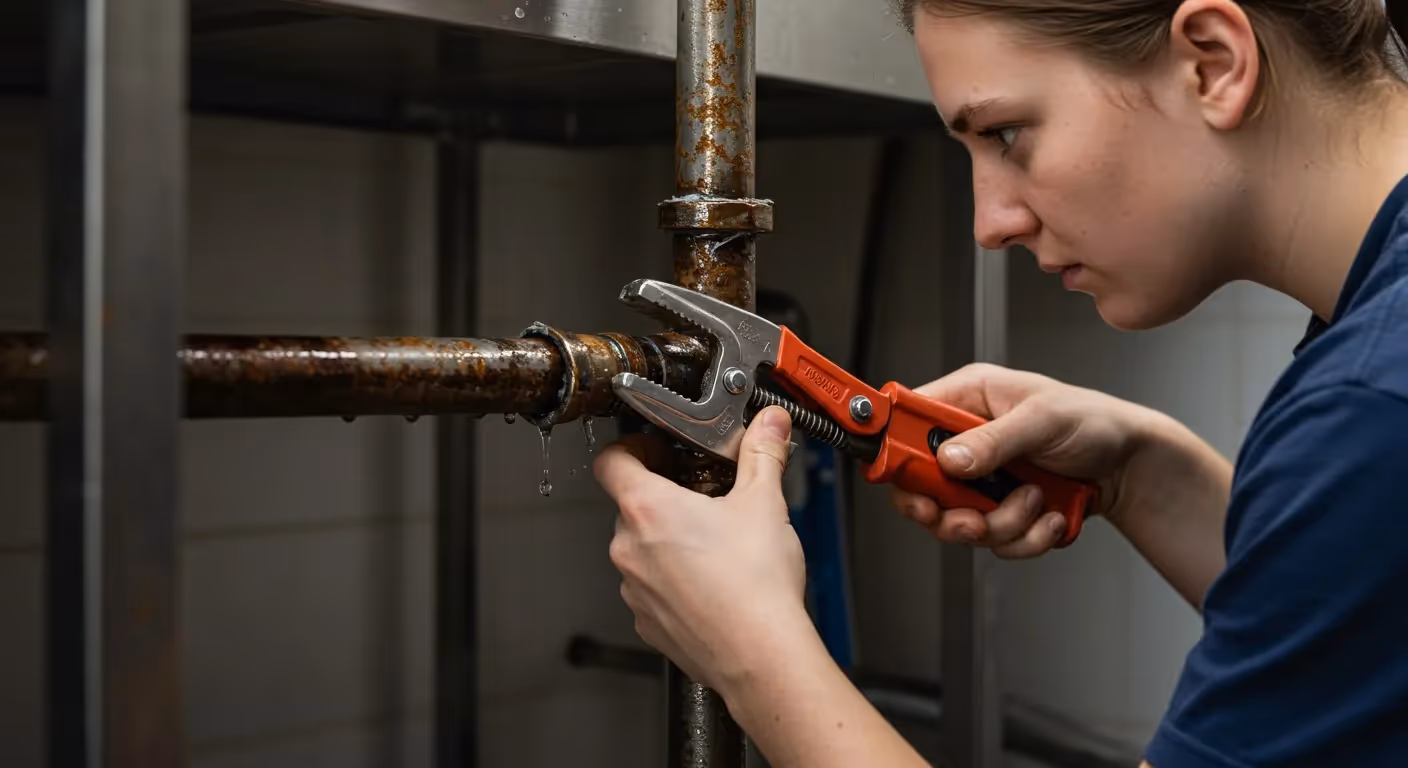 A person intensely focuses on using a red wrench to tighten a rusty pipe, with droplets of water visible.
