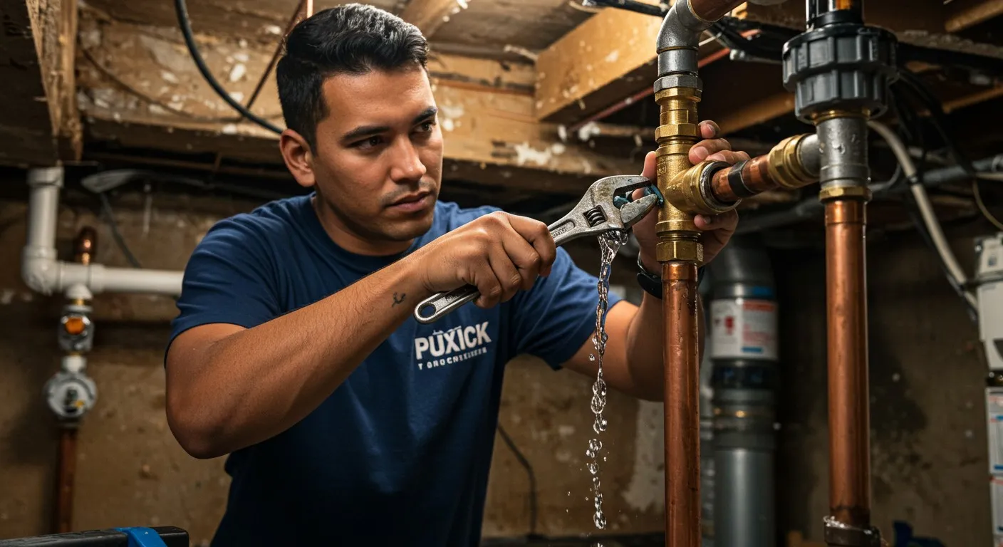 Plumber repairing a leak with wrench.