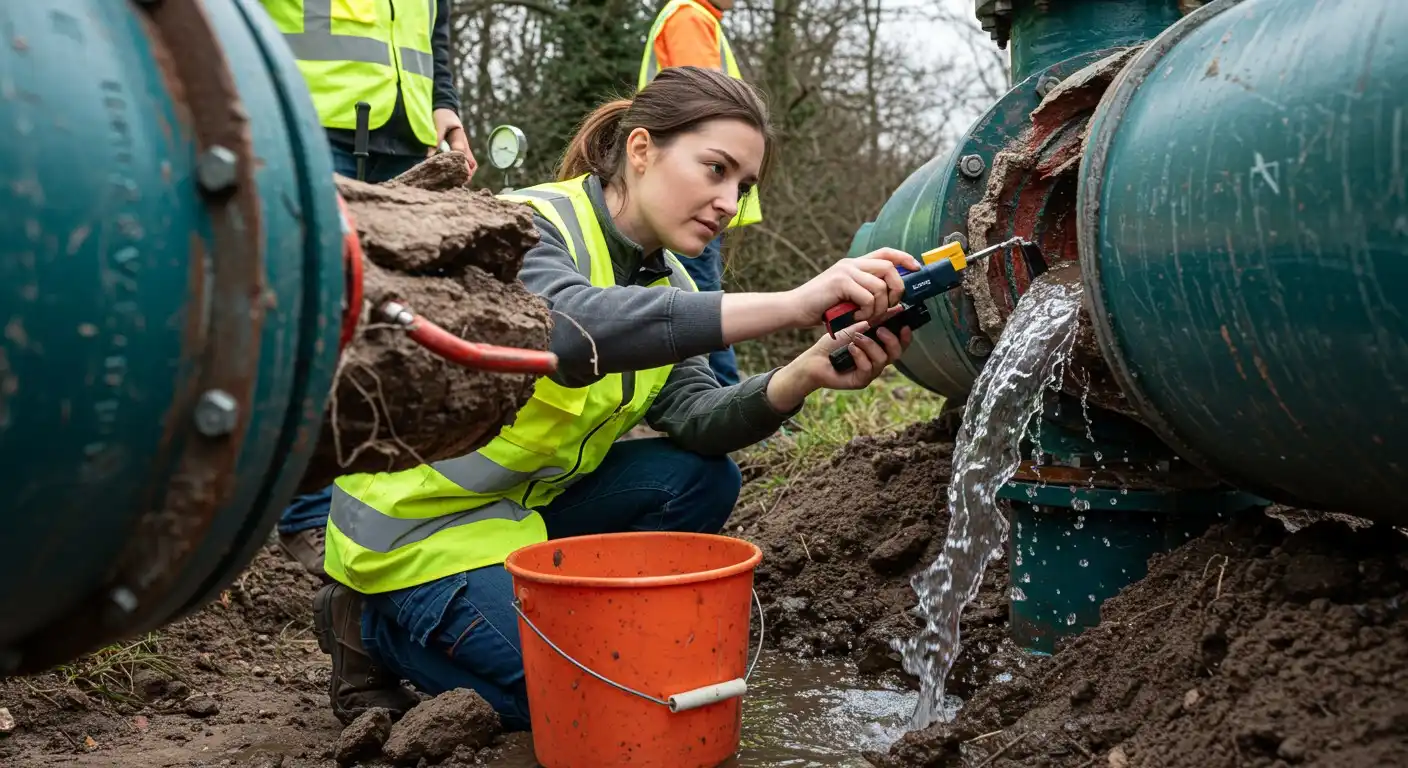 Woman plumber repairing a burst pipe.