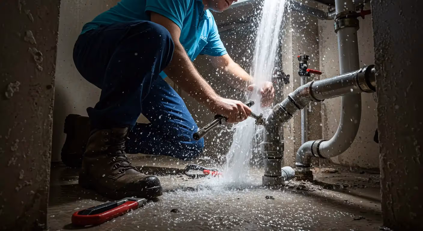Plumber fixing a gushing leak.