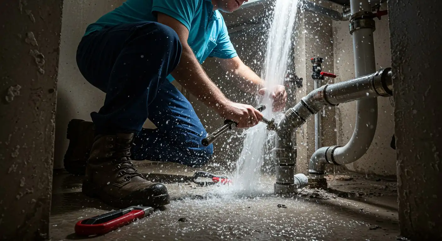 Plumber fixing a gushing leak.