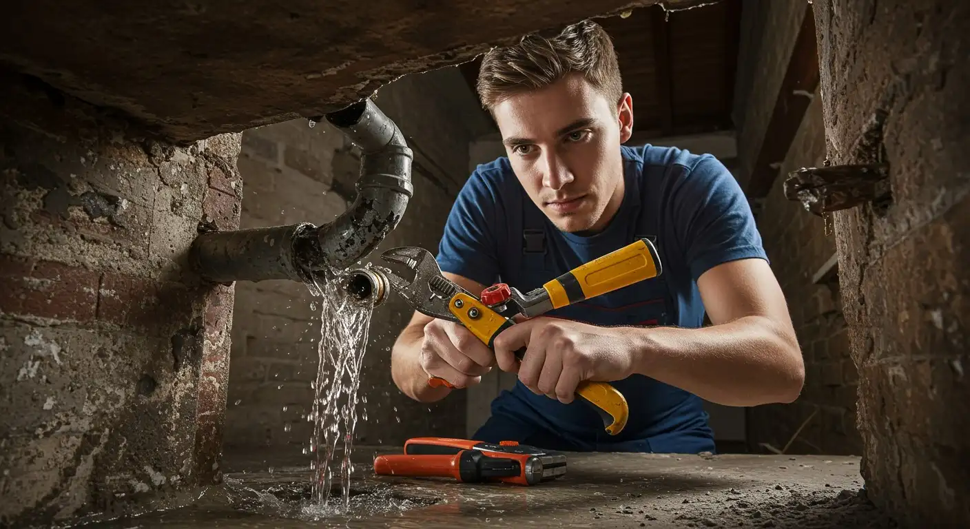 Plumber fixing a basement pipe.