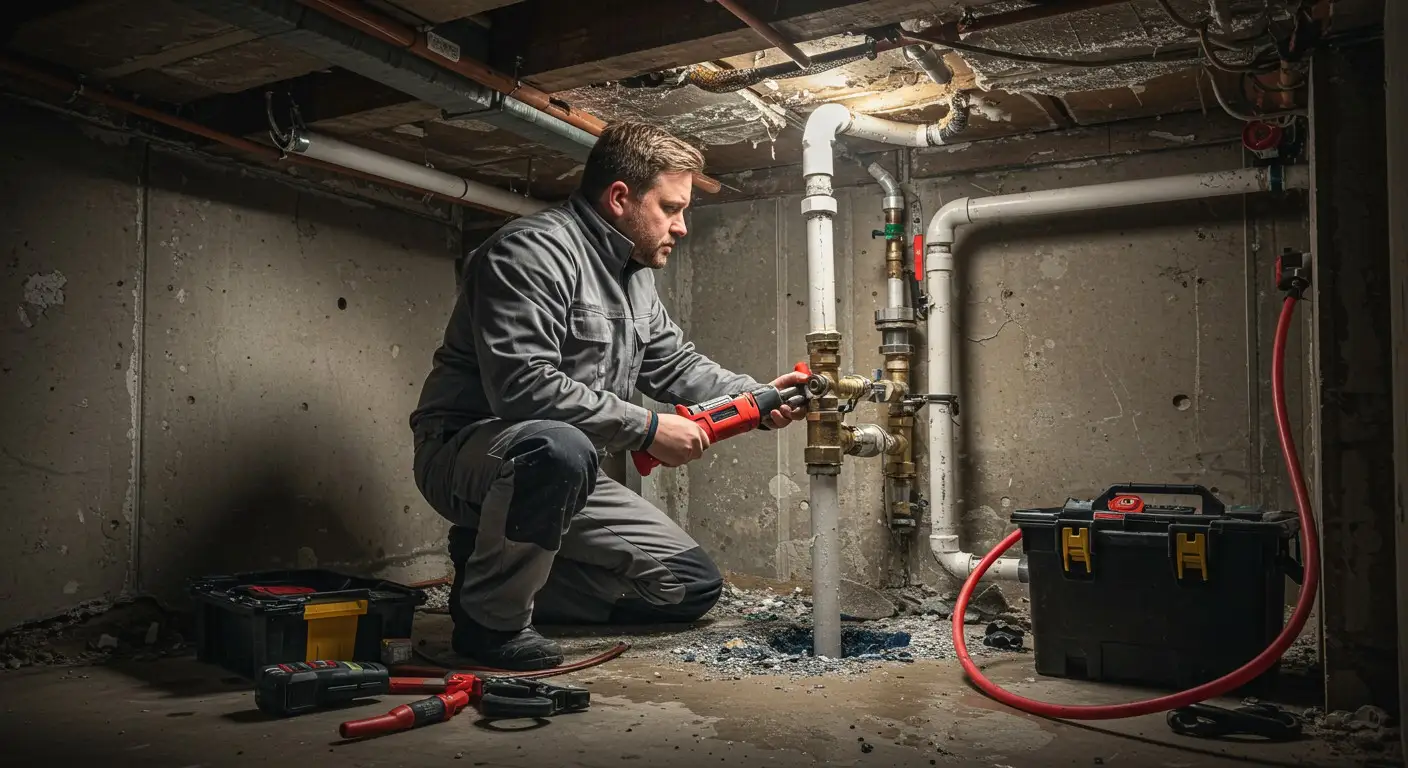 Plumber fixing a basement pipe.