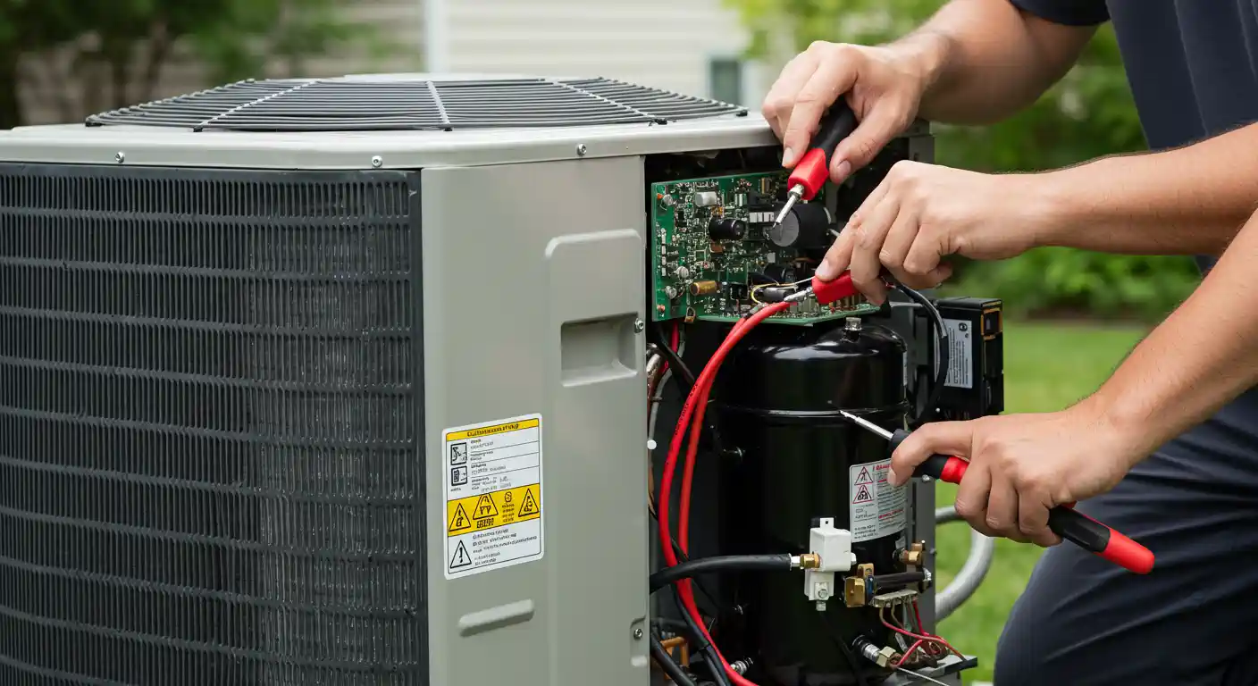  A technician is servicing a large outdoor mini-split heat pump unit. The image is a close-up, horizontal shot focusing on the technician's hands and the open service panel of the unit. The technician, wearing a black shirt