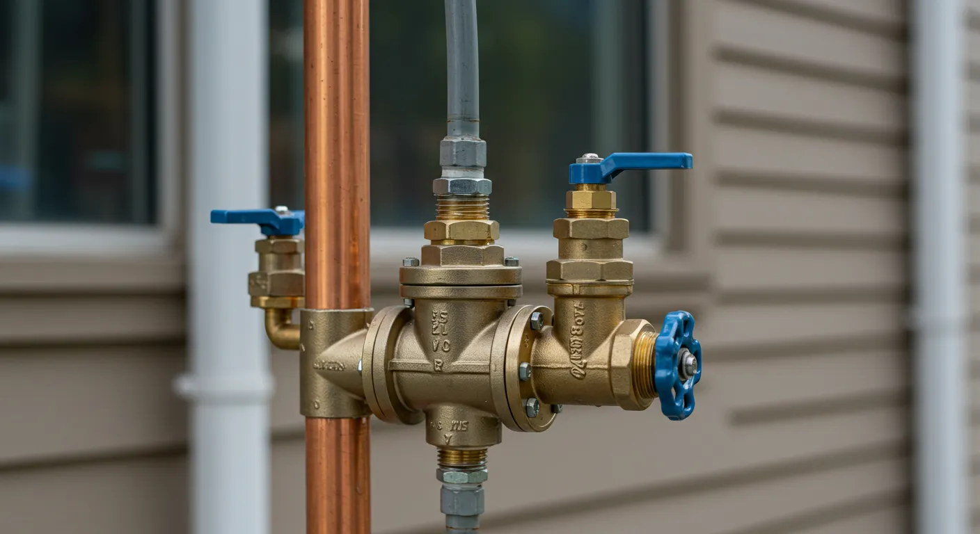 A close-up of a brass backflow prevention device with blue handles, installed on a copper pipe next to a building.