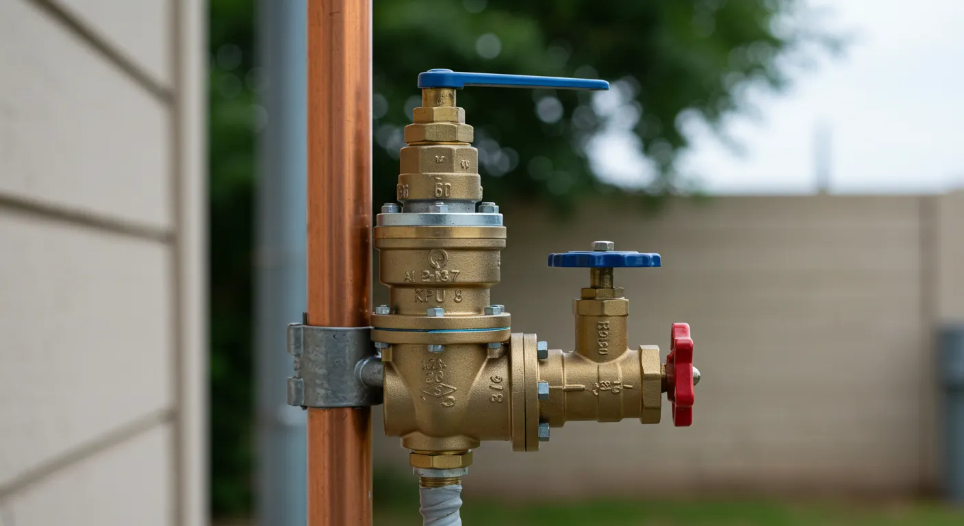 A detailed shot of a brass backflow preventer with a blue lever handle and a red wheel handle, attached to a copper pipe outdoors.