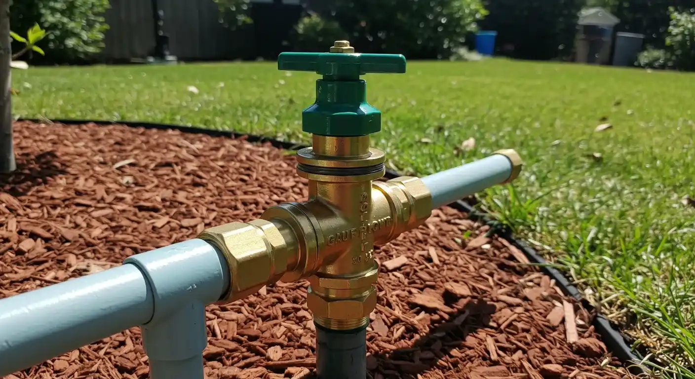 A ground-level view of a green-handled backflow preventer installed in a landscaped area with red mulch.