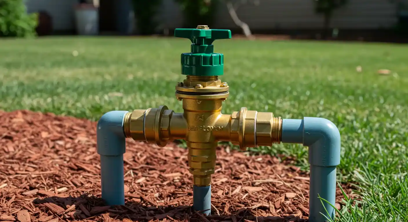 A bright, outdoor shot of a brass backflow valve with a green handle, emerging from the ground with red mulch.