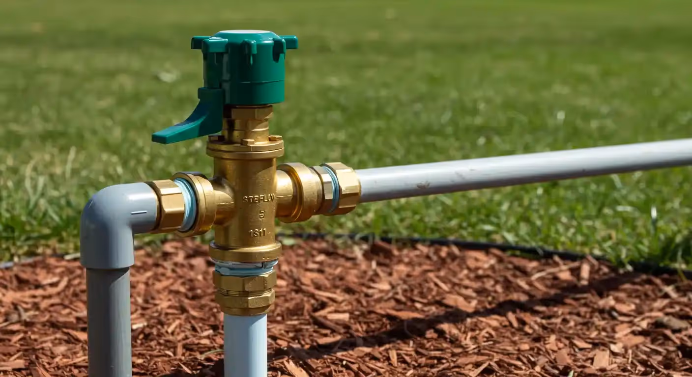 A side view of a backflow prevention device with a green lever, connected to gray pipes in a grassy area with mulch.