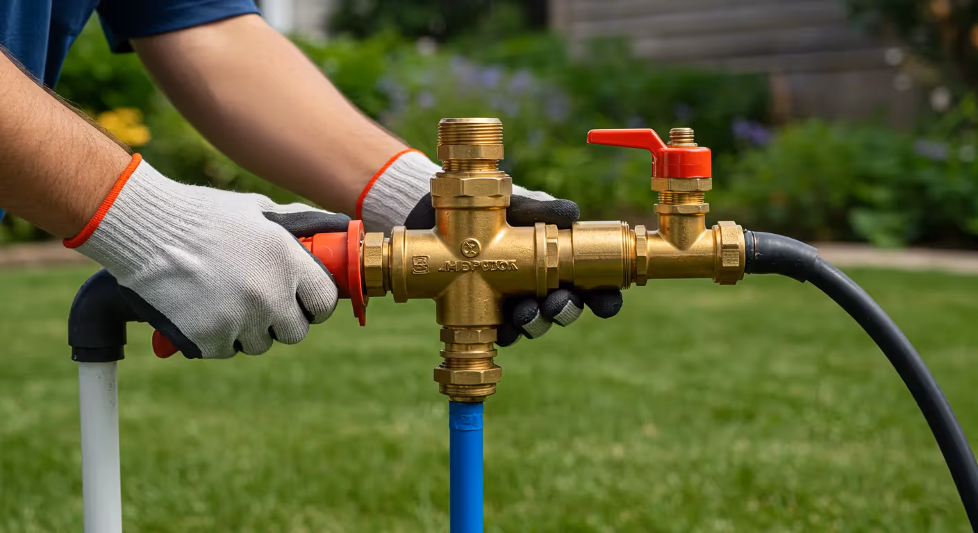 A pair of gloved hands adjusting a red-handled backflow preventer connected to a black hose and blue pipe in a garden.