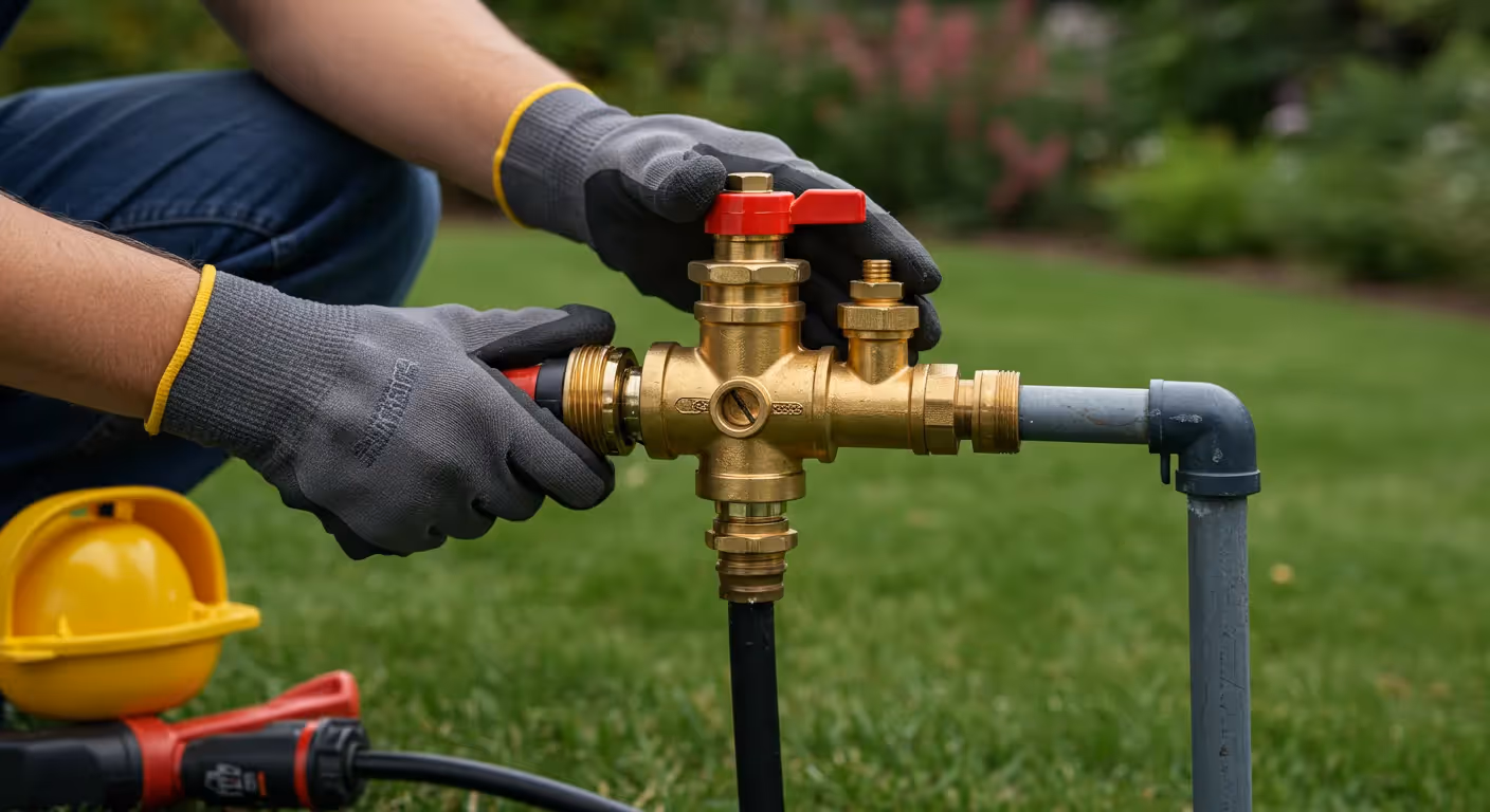 A person in gloves and jeans crouches to adjust a brass backflow preventer with a red handle and a black hose, with a yellow hardhat nearby.
