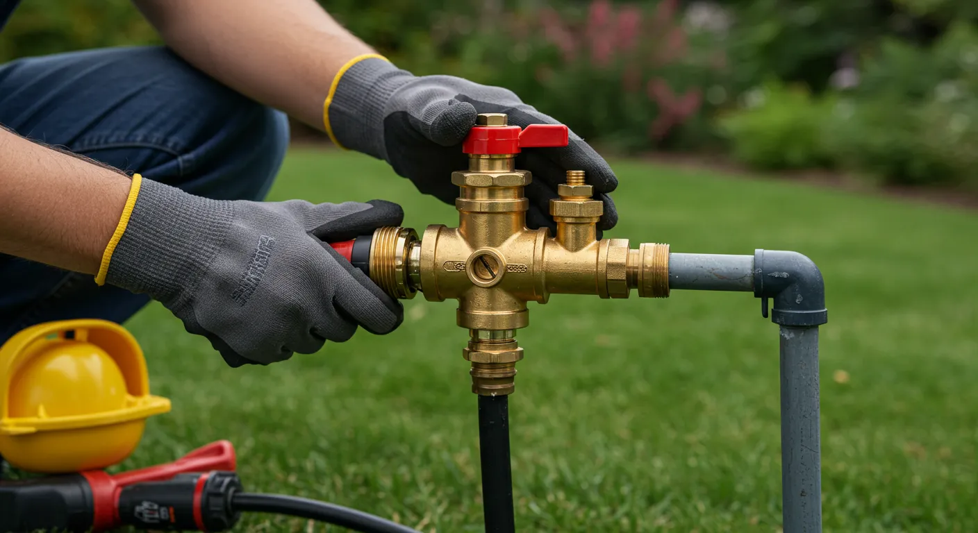 A person wearing gray gloves adjusts a brass garden valve with a red lever on a green lawn.