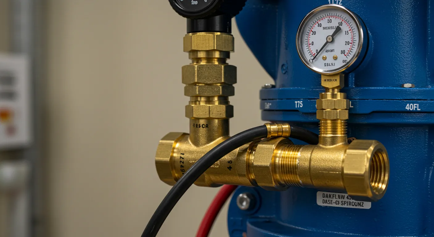 A close-up of a blue industrial pipe with two brass backflow assemblies, one with a pressure gauge.