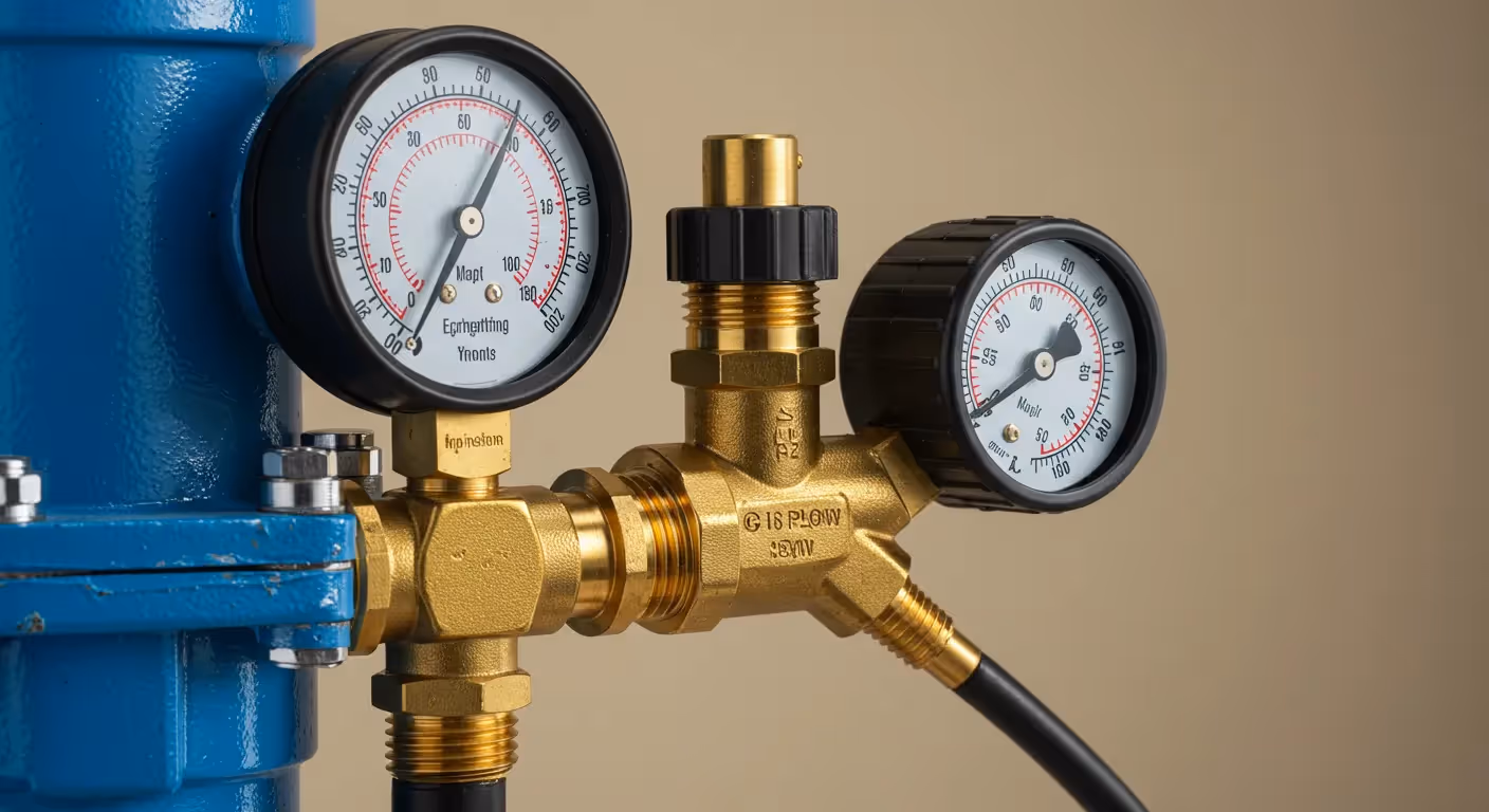 A close-up of a blue industrial pipe with a brass backflow device featuring two pressure gauges and a black hose.