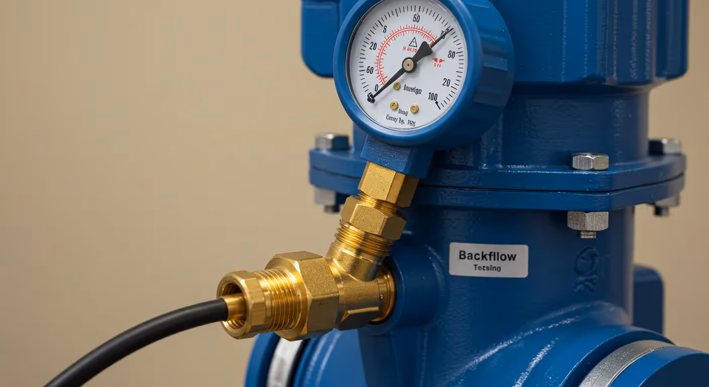 A detailed shot of a brass backflow testing kit with a pressure gauge connected to a large, blue industrial pipe.