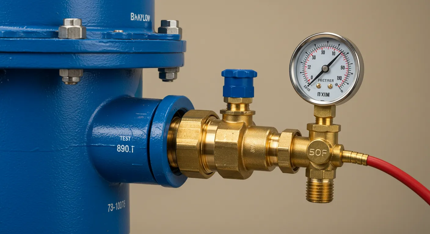 A brass backflow testing device with a pressure gauge and red hose, connected to a large blue pipe with a "TEST" label.