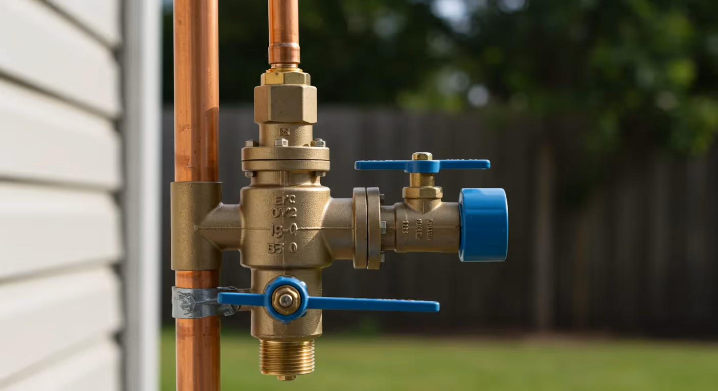 A brass backflow prevention valve with blue handles, installed on a copper pipe and mounted on the side of a building.