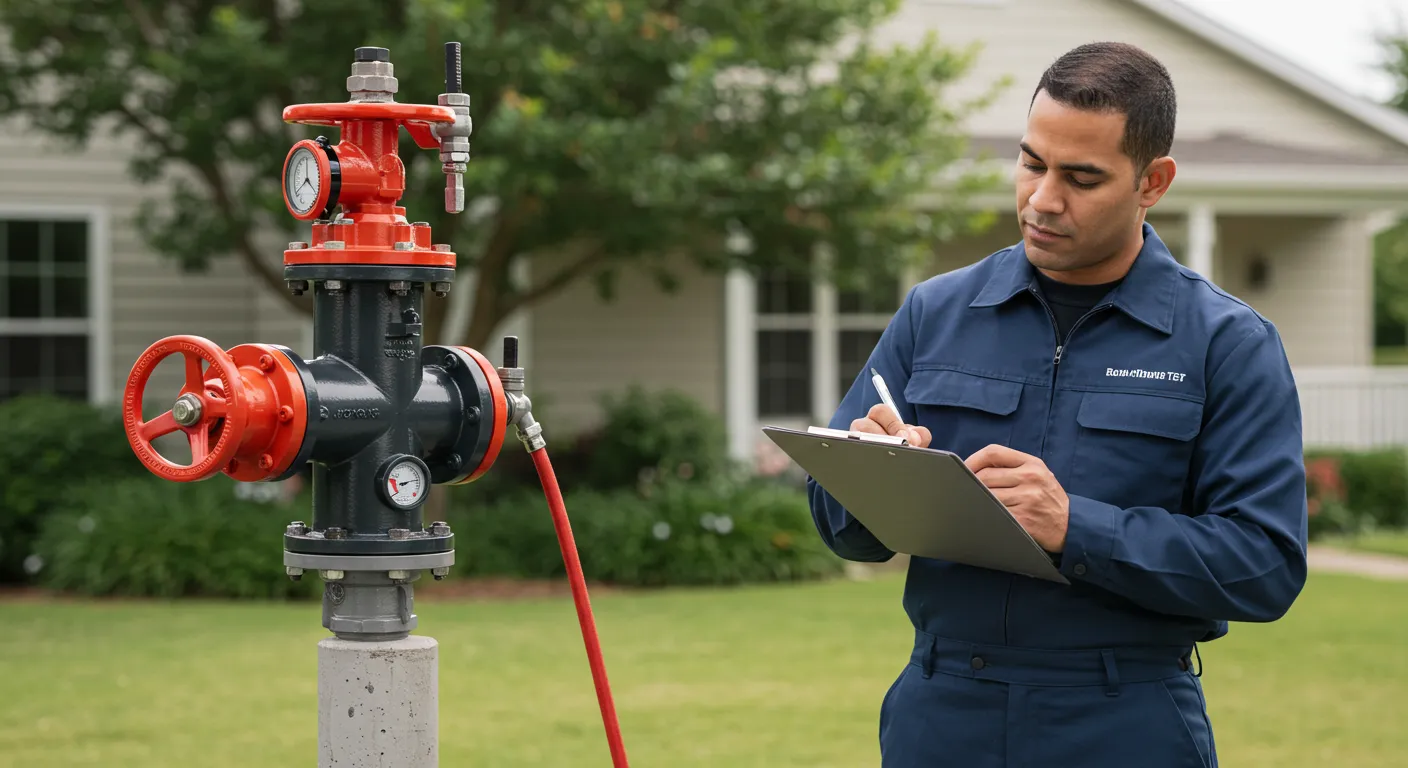 A technician in a blue uniform writes on a clipboard while inspecting a large, red and black backflow preventer device outdoors.