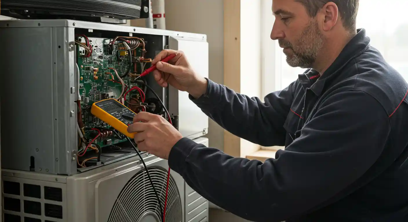  A middle-aged male technician with a beard is servicing an indoor mini-split heat pump unit. He is wearing a dark long-sleeved shirt and is shown in profile