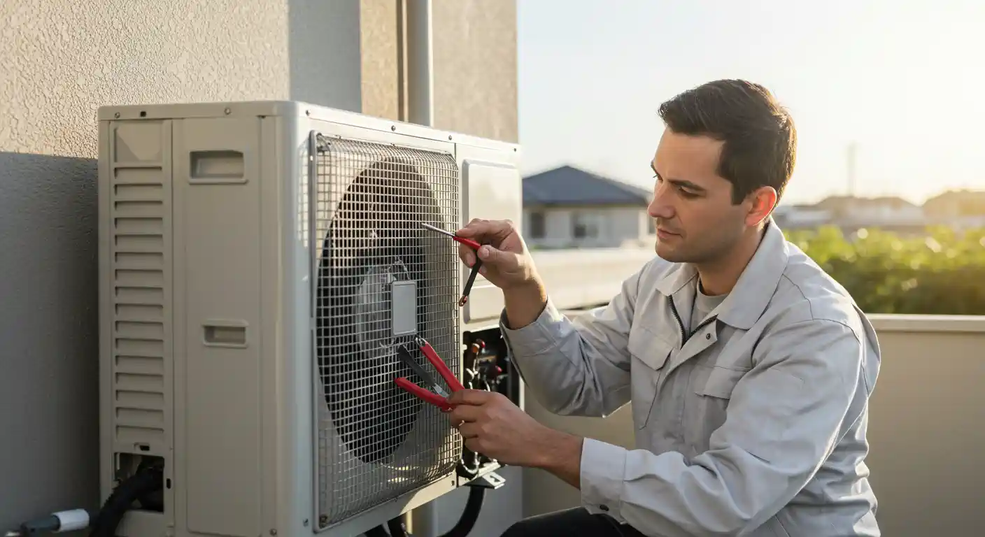 A young male technician is servicing an outdoor mini-split heat pump unit on a rooftop or balcony. He is wearing a light gray work jacket and is kneeling in front of the unit. With both hands, he is using a pair of red-handled pliers and a screwdriver to work on the internal components behind the metal fan grille. The unit is a light gray color and is positioned against a textured beige wall. The background shows a residential area with houses and green trees, illuminated by the warm light of a setting or rising sun. The overall image has a professional feel, depicting a technician performing a repair outdoors.