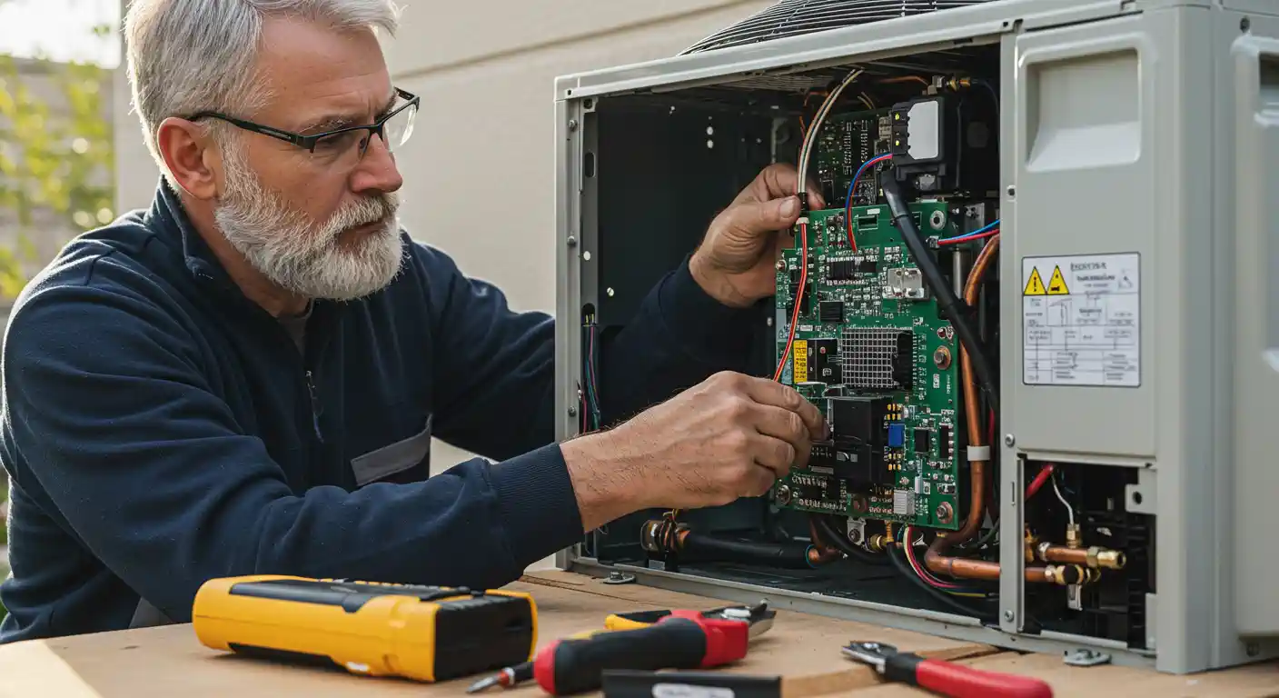  A seasoned male technician with a gray beard and glasses is servicing an outdoor mini-split heat pump unit. The image is a medium close-up, showing him from the waist up. He is wearing a dark long-sleeved shirt