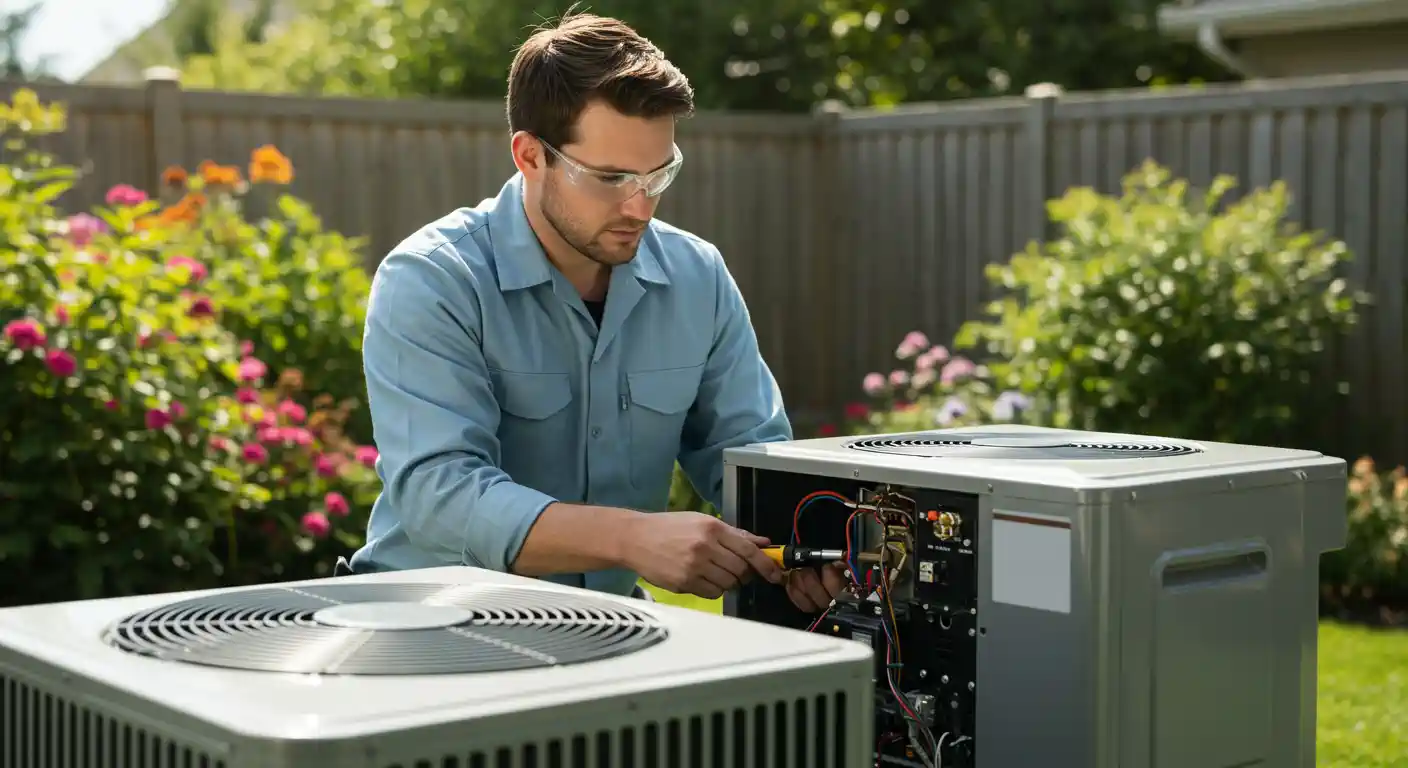  A focused male technician is servicing an outdoor mini-split heat pump unit in a residential backyard. He is wearing a light blue button-up shirt and clear safety glasses. The image is a medium shot