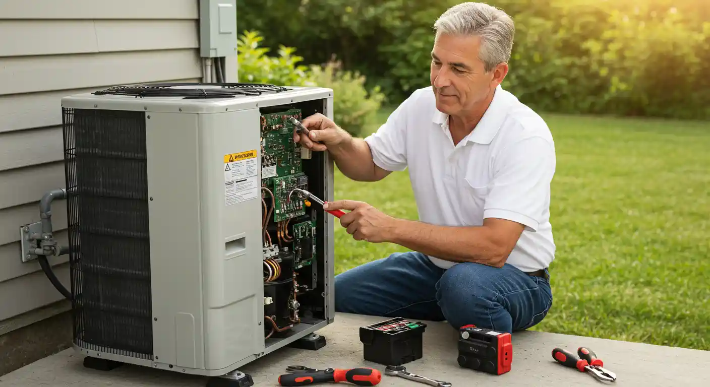 A professional-looking, older male technician with gray hair is servicing an outdoor mini-split heat pump unit. He is kneeling on a concrete slab next to a house with light siding. He is wearing a white polo shirt and jeans.