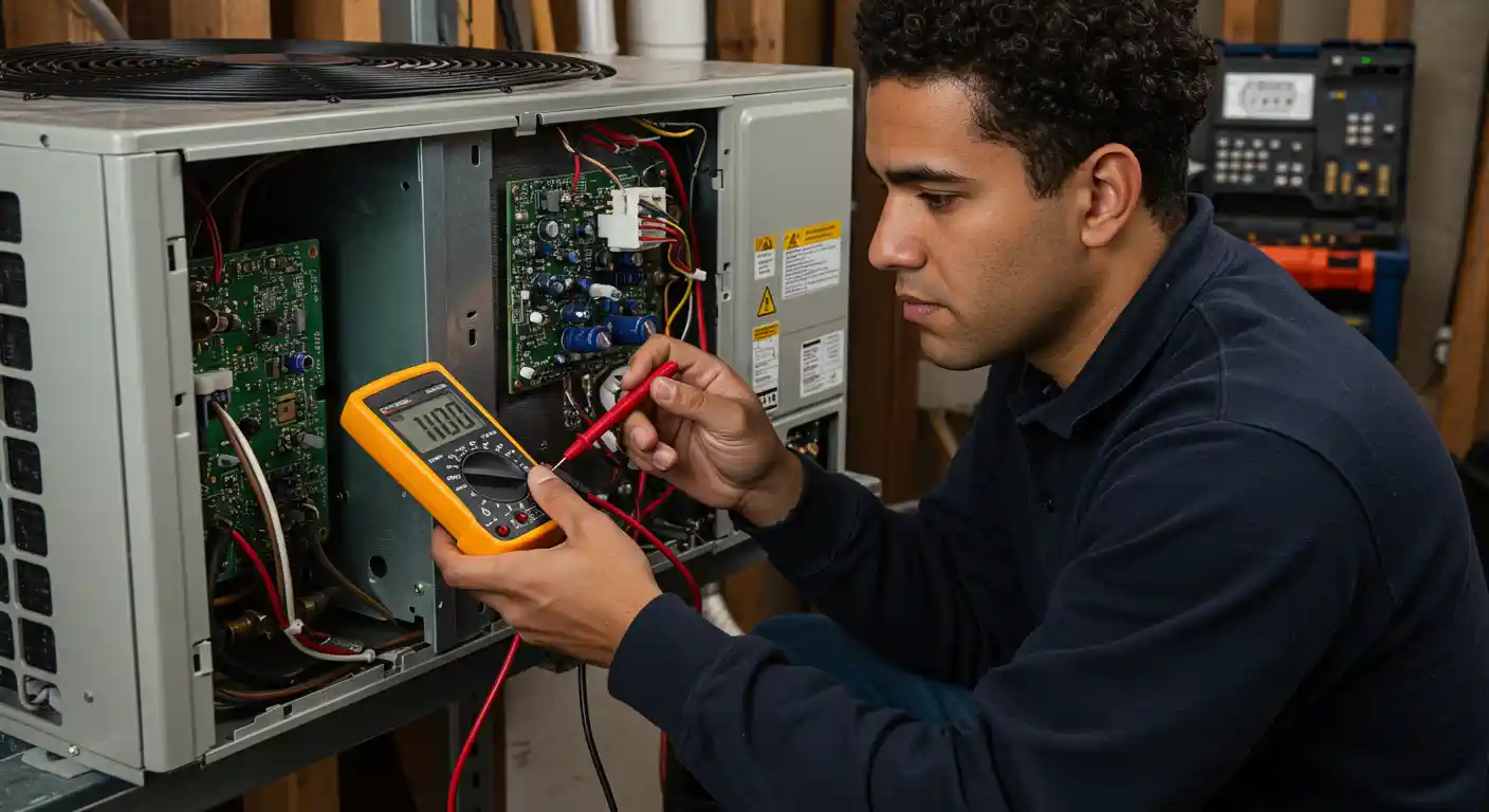  A young male technician with curly dark hair is servicing a mini-split heat pump system indoors. He is wearing a dark blue long-sleeved shirt and is shown in a medium close-up, focused on his work. 