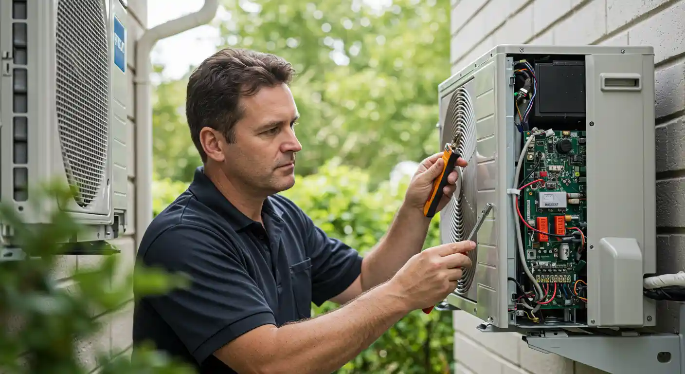  A middle-aged male technician is servicing an outdoor mini-split heat pump unit. He is wearing a dark blue polo shirt. The unit is mounted on a wall with light-colored bricks, and its front service panel is open. 