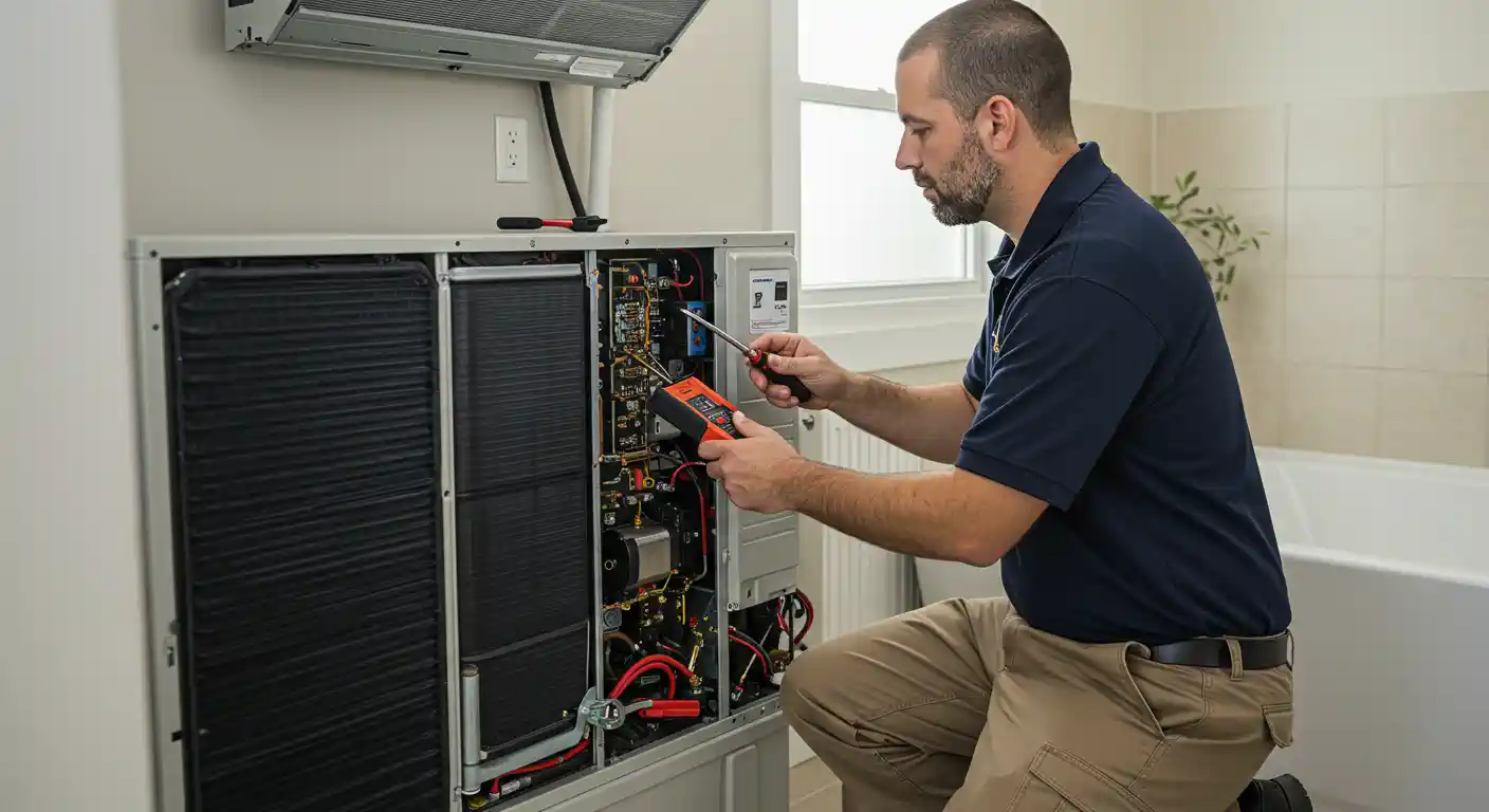  A male technician is servicing an indoor mini-split heat pump unit in a bathroom. He is kneeling next to the unit, wearing a dark blue polo shirt and khaki cargo pants. He holds a black and orange multimeter in his left hand