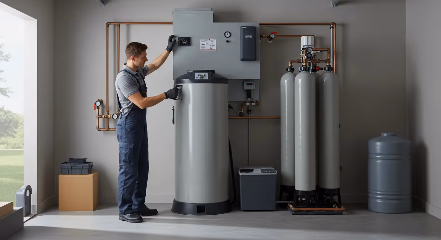 A man in overalls adjusts a large water heater system with copper pipes in a basement.