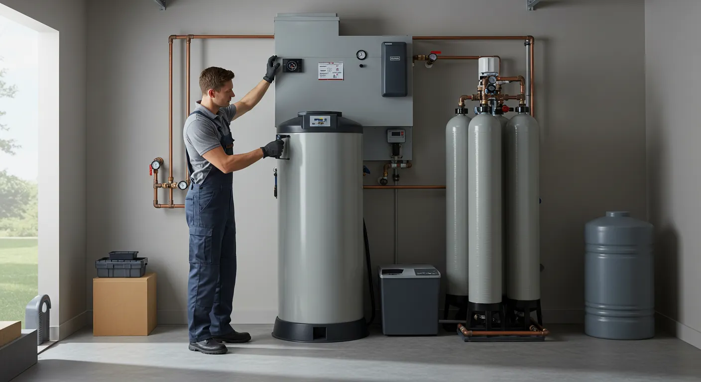 A professional installing and servicing a large-scale water softener system in a garage.