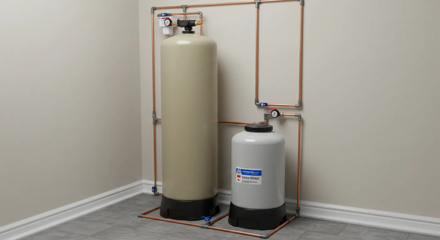 A two-tank water softener system with copper piping against a white wall.