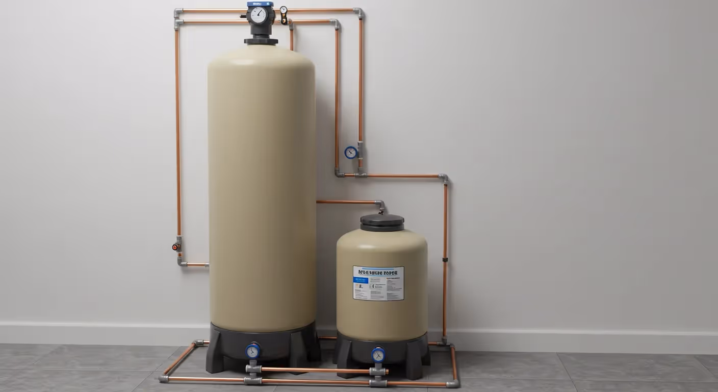 A two-tank water softener setup with a stacked brine tank configuration.