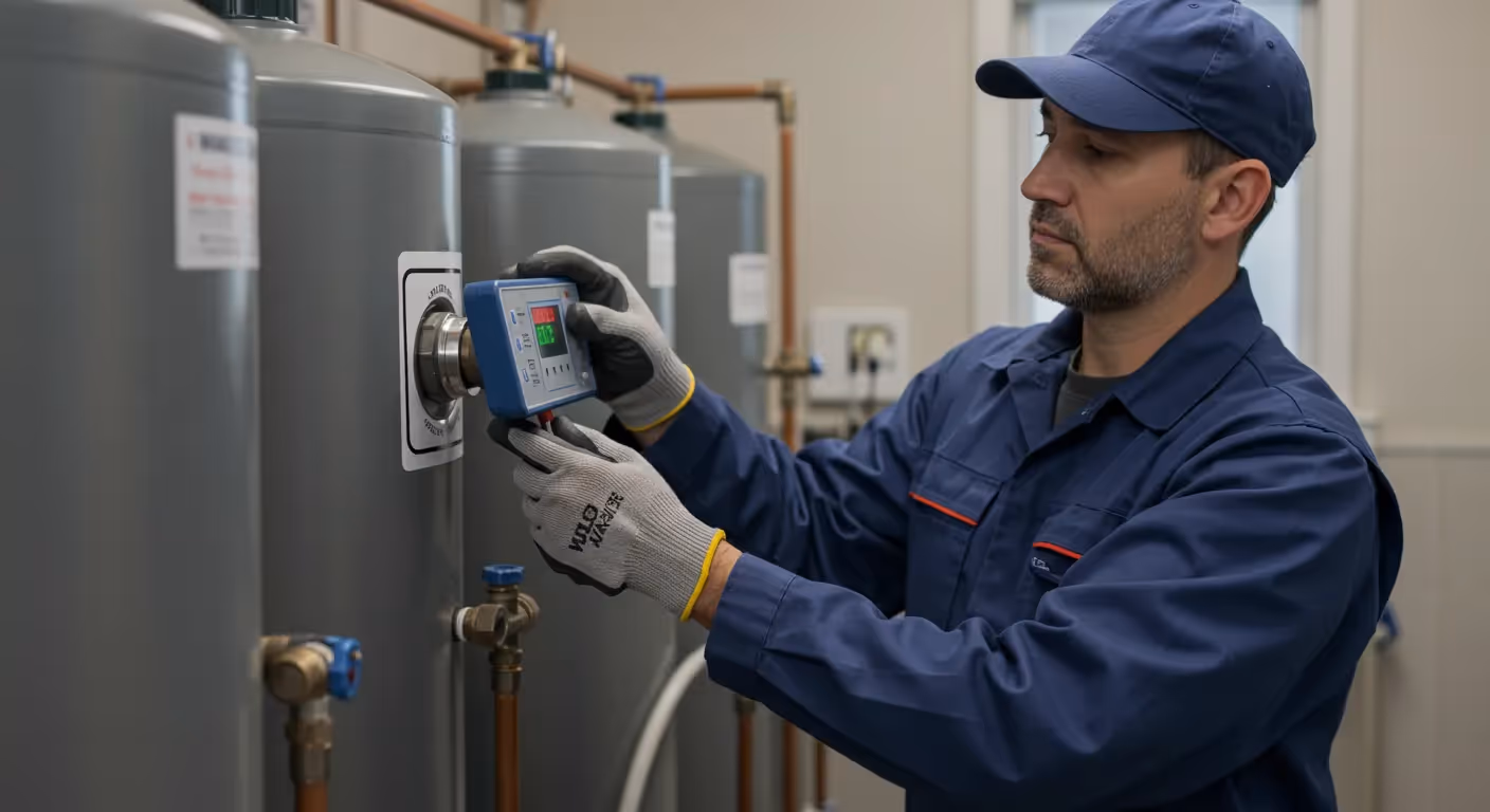 A technician using a meter to test a water softening tank.