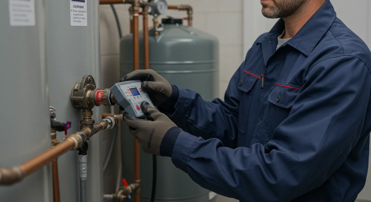A technician in a blue uniform uses a digital device to check a valve on industrial pipes. 