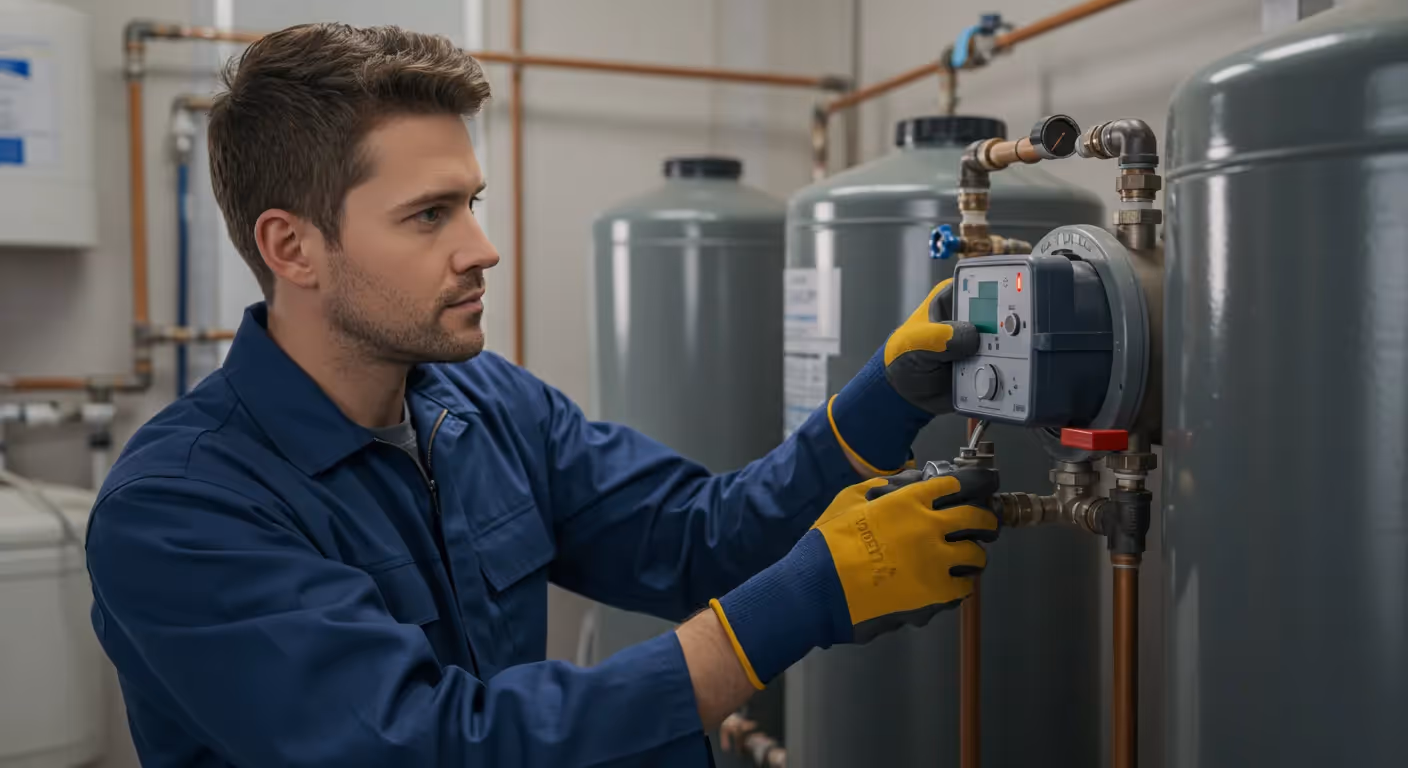 Technician adjusting the control panel on a residential water softener unit.