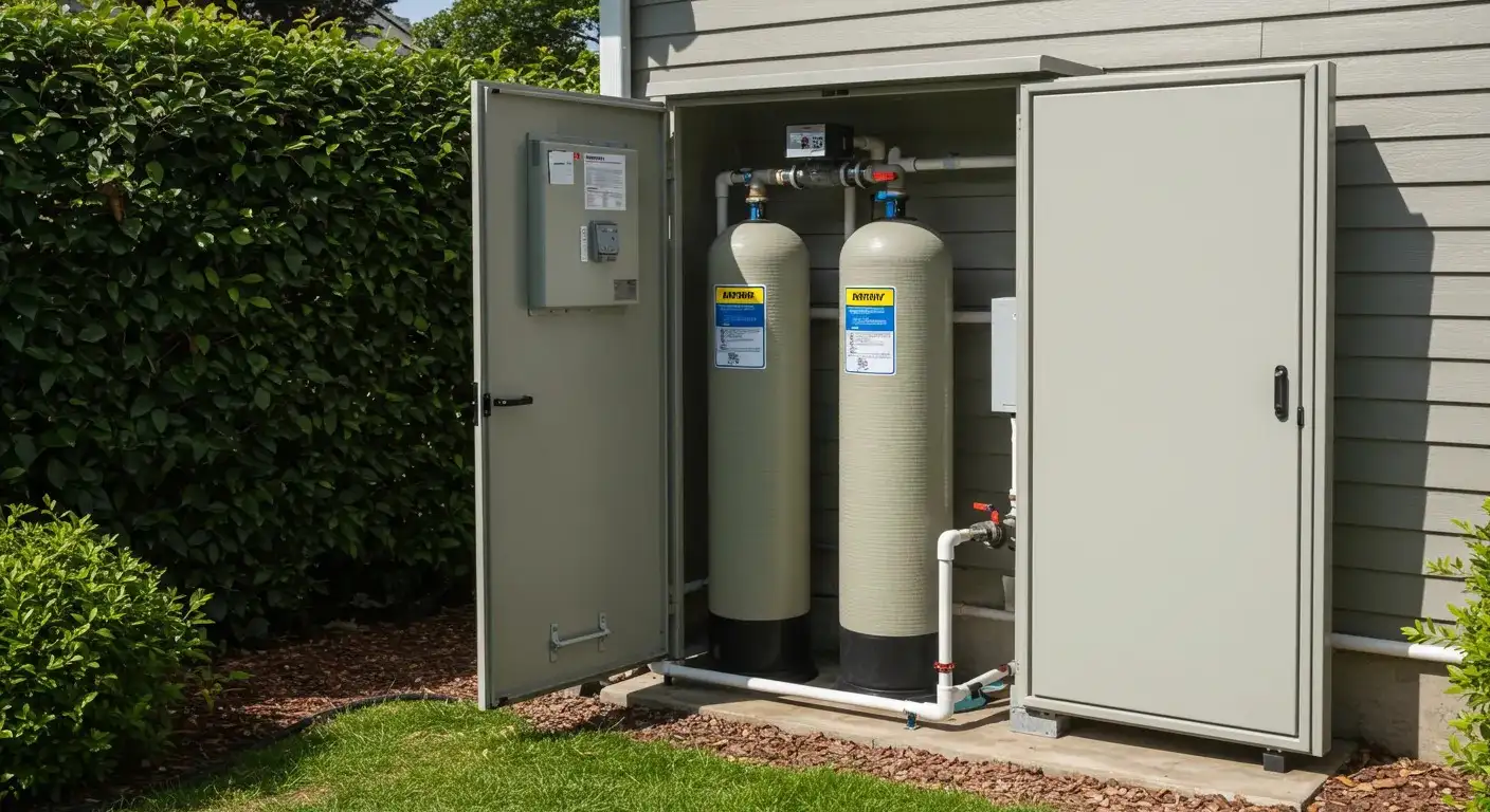An outdoor water softener system enclosed in a protective cabinet, next to a house.