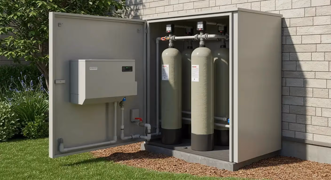 Outdoor water softener system enclosed in a protective cabinet, next to a house.