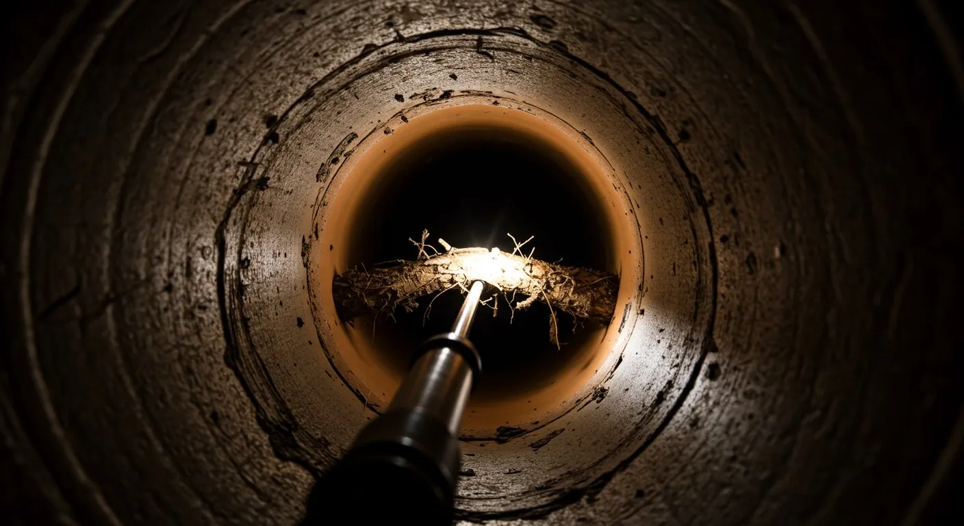 Pipe blocked by roots and debris.