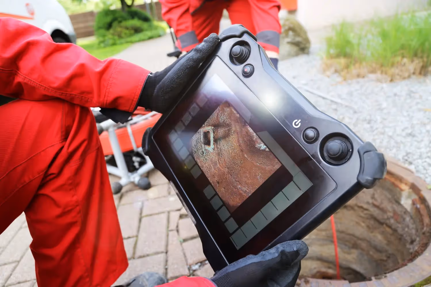 A plumber is looking at the live feed from a sewer camera on a tablet.