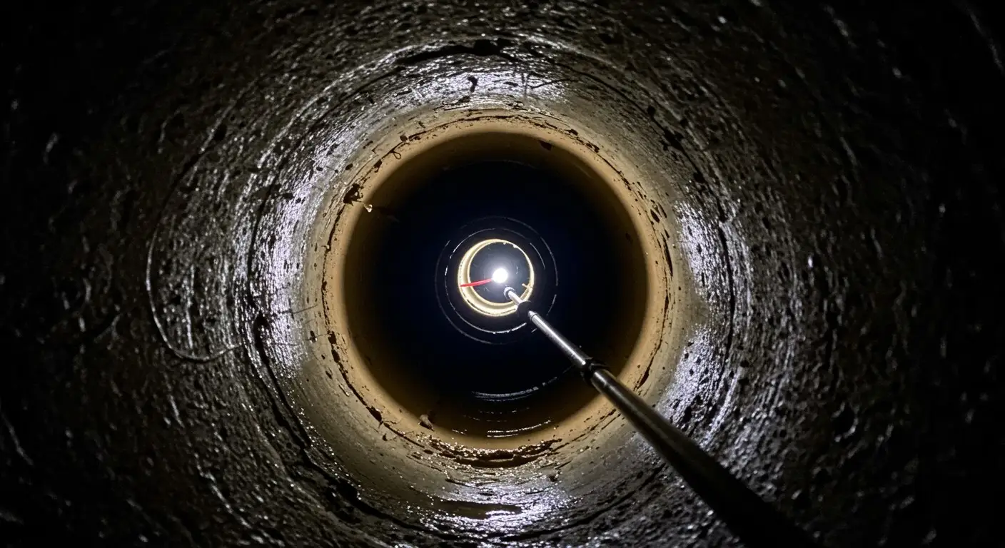 Sewer inspection camera looks up pipe.