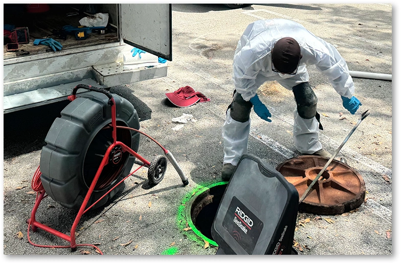 Worker with tools inspecting a manhole.