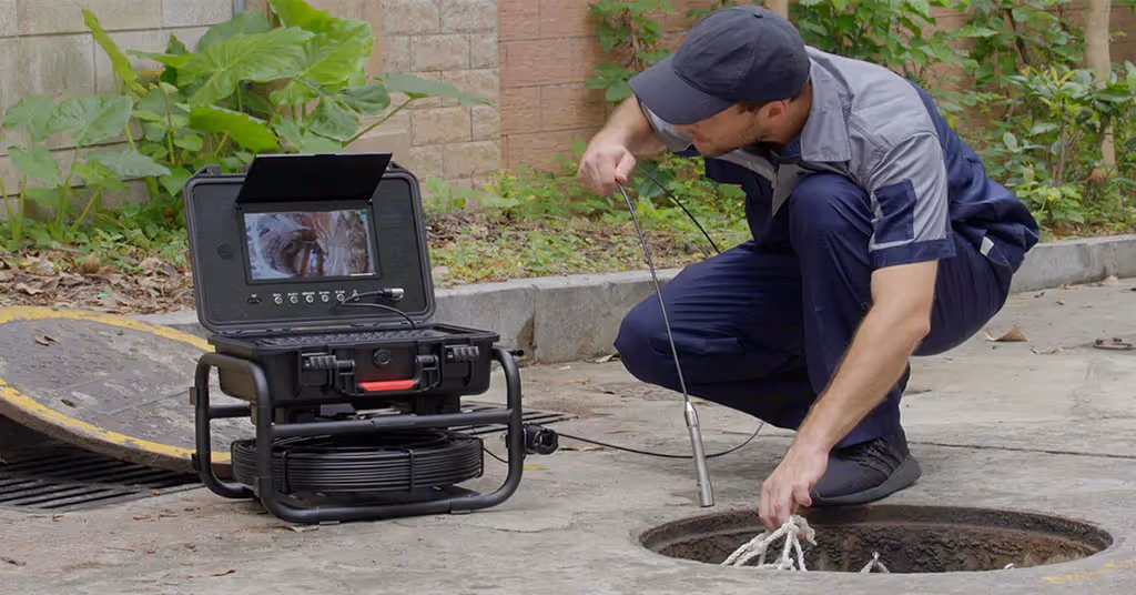 A male plumber is lowering a camera on a long cable into a manhole to inspect the drain.