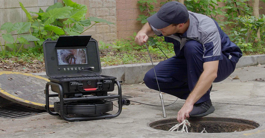 Man doing sewer line inspection.